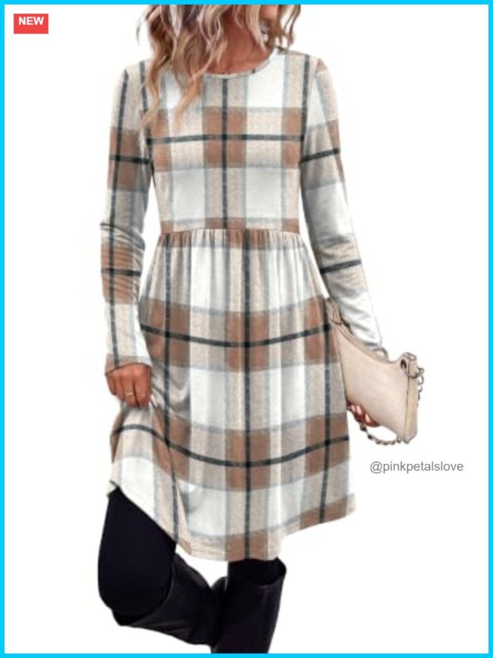 OFEEFAN Long Sleeve Fall Dress with Pockets Crew Neck Babydoll Casual Knee